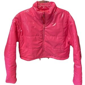 Taxi Bright Pink Faux Patented Leather Puffer Jacket Sz L Super Cute